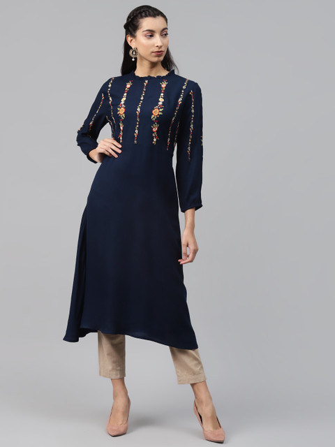 

MISRI Women Navy Blue Floral Yoke Design Thread Work Kurta