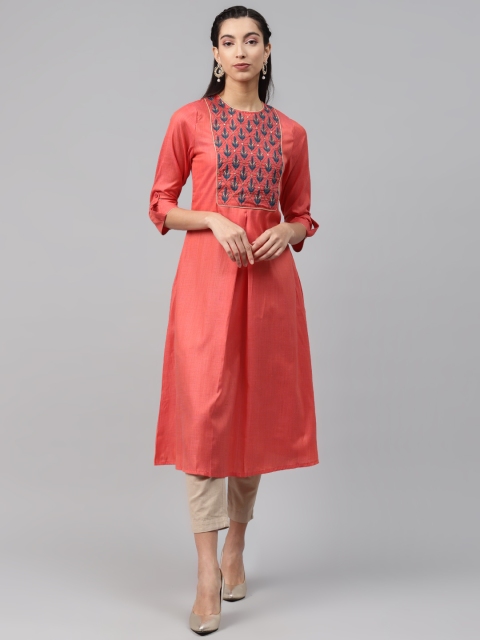 

MISRI Women Coral Orange Ethnic Motifs Yoke Design Sequins Kurta