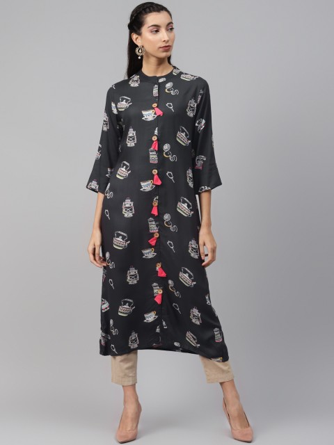 

MISRI Women Navy & Off-White Quirky Printed Kurta, Navy blue