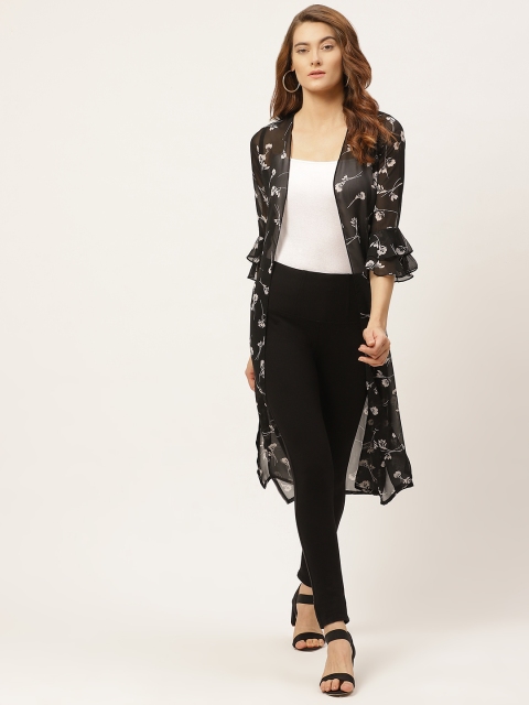 

WISSTLER Women Black & Beige Floral Print Open Front Shrug With Bell Sleeves