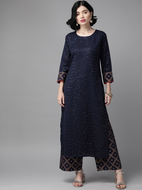 

Indo Era Women Navy Blue Embroidered & Sequinned Kurta with Palazzos
