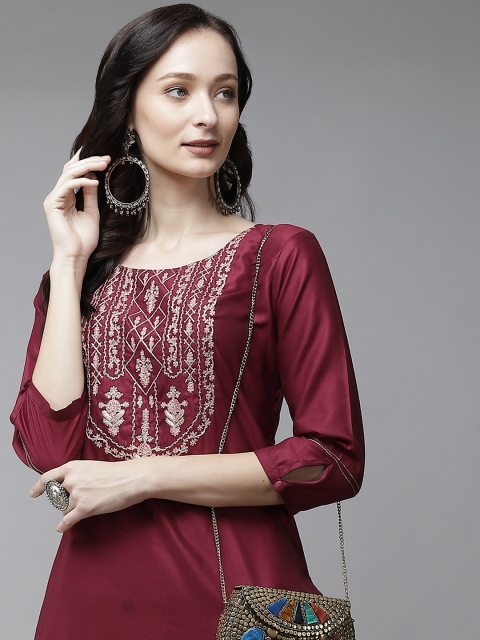 

Indo Era Women Maroon Yoke Design Regular Thread Work Liva Kurta with Palazzos