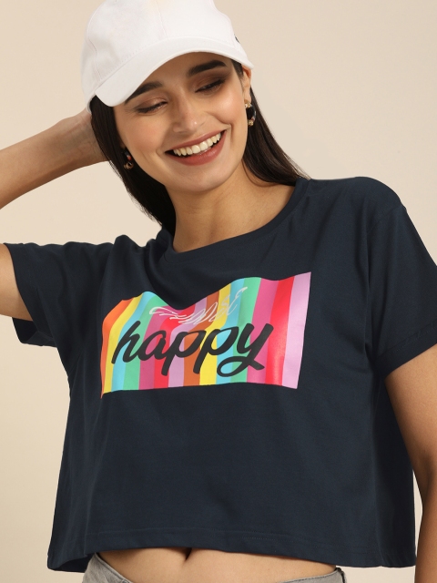 

DILLINGER Women Navy Blue Fit Printed Round Neck Boxy Crop T-shirt