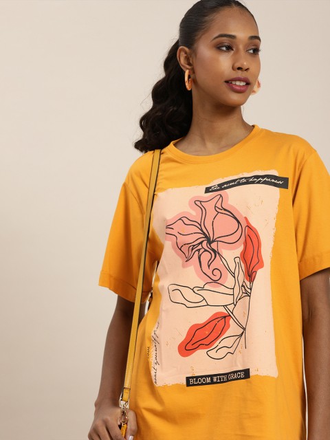 

DILLINGER Women Mustard Yellow Printed Loose T-shirt