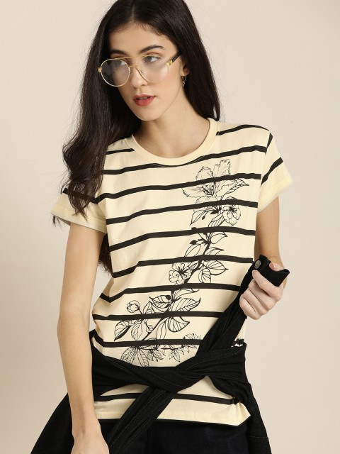 

DILLINGER Women Cream-Coloured Black Striped Round Neck Regular Fit Pure Cotton T-shirt