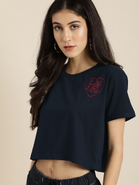 

DILLINGER Women Navy Blue Solid Round Neck Boxy Crop Pure Cotton T-shirt with Print