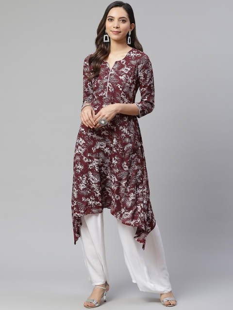 

Sbo Fashion Women Maroon & White Printed Cotton Asymmetric Hem A-Line Kurta