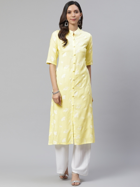 

Sbo Fashion Women Yellow & White Quirky Printed Cotton Straight Kurta