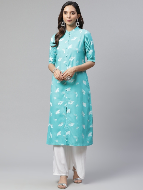 

Sbo Fashion Women Turquoise Blue & White Quirky Printed Cotton Straight Kurta
