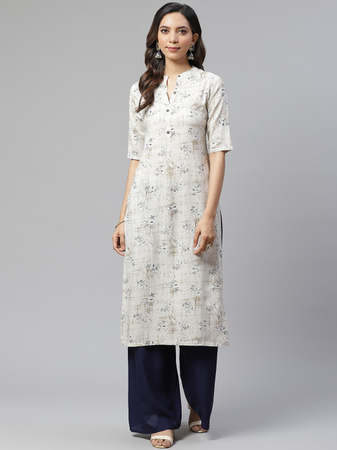 

Sbo Fashion Women Off White & Grey Ethnic Motifs Cotton Straight Kurta
