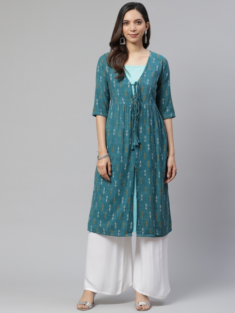 

Sbo Fashion Women Teal Blue & White Geometric Printed Cotton Straight Kurta