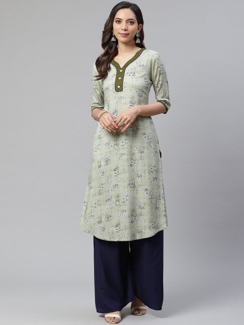 

Sbo Fashion Women Green & Navy Blue Ethnic Motifs Printed Cotton Straight Kurta