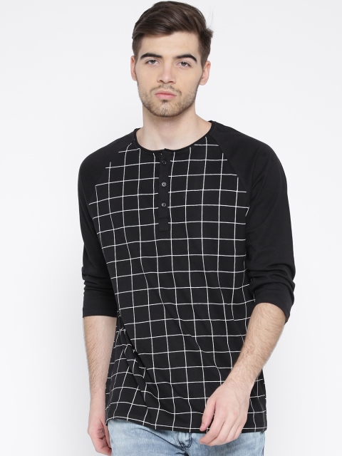 

MR BUTTON Black Checked Structured Fit Henley T-shirt