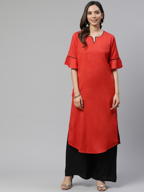

Sbo Fashion Women Red Bell Sleeves Cotton Straight Kurta
