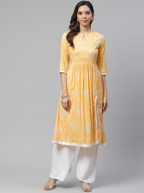 

Sbo Fashion Women Yellow & White Ethnic Motifs Printed Cotton A-Line Kurta