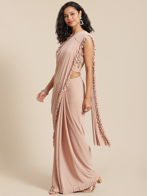 

KHALOM Peach-Coloured Solid Ready to Wear Saree