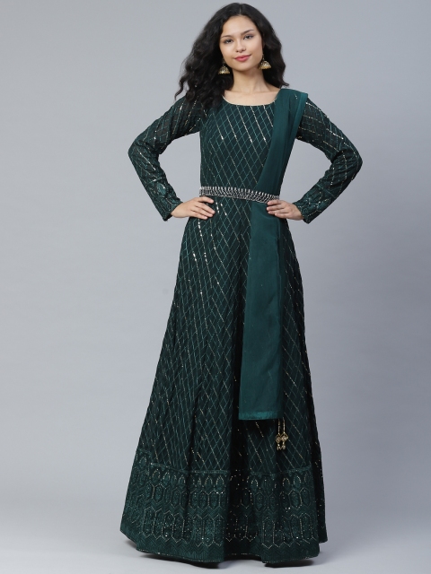 

KHALOM Women Green & Silver Embellished Maxi Dress with Waist Belt & Dupatta