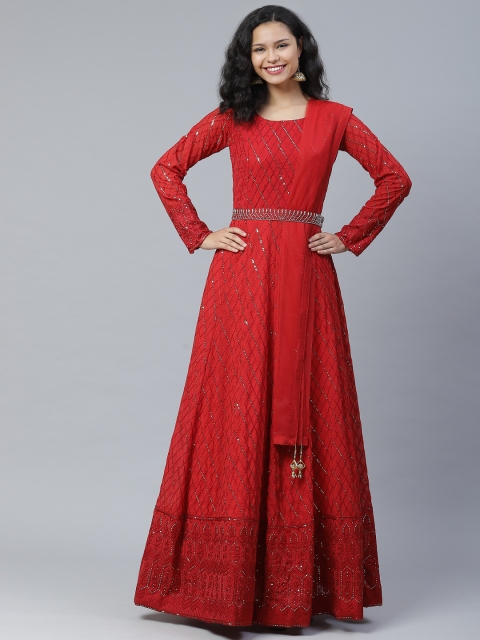 

KHALOM Women Red &Silver Embellished Maxi Dress with Waist Belt & Dupatta