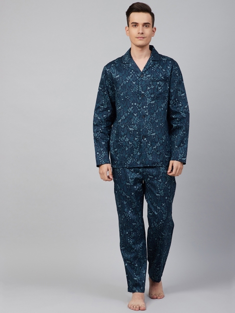 

Marks & Spencer Men Cotton Navy Blue & Teal Floral Printed Night suit