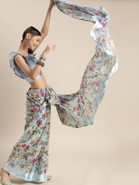

KALINI Blue and Green Floral Dream Saree with Striped Pallu