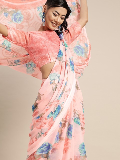 

KALINI Pink and Blue Romantic Floral Chiffon Saree