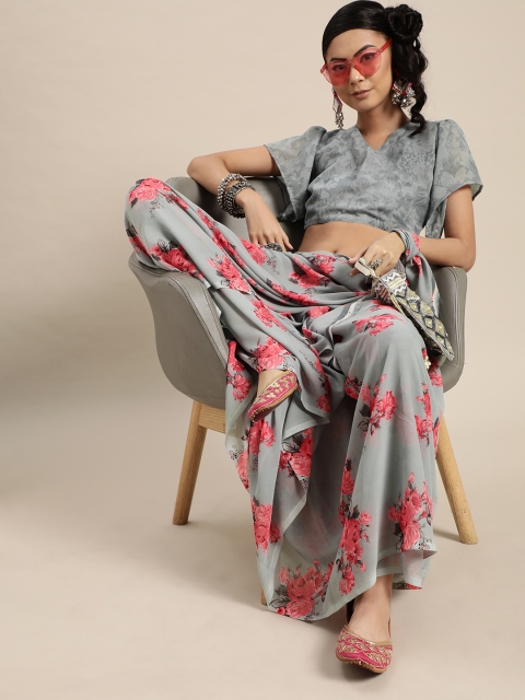

KALINI Grey and Pink Floral Fantasy Celebrity Saree