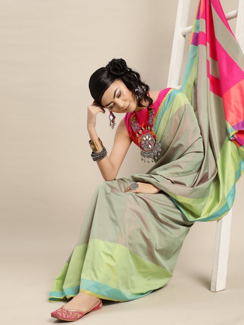 

KALINI Green and Pink Saree with Striped Pallu