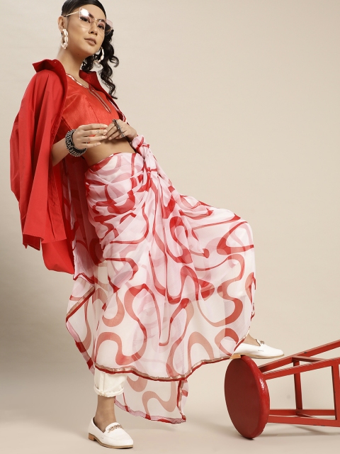 

KALINI White and Red Printed Saree with Zari Border