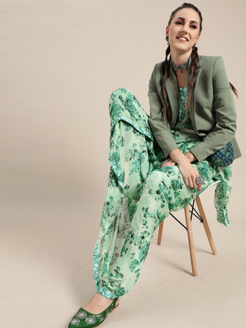 

KALINI Green Dreamy Floral Chiffon Saree with Printed Border