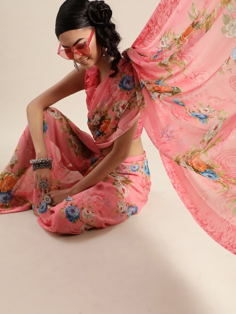

KALINI Pink & Blue Floral Print Saree