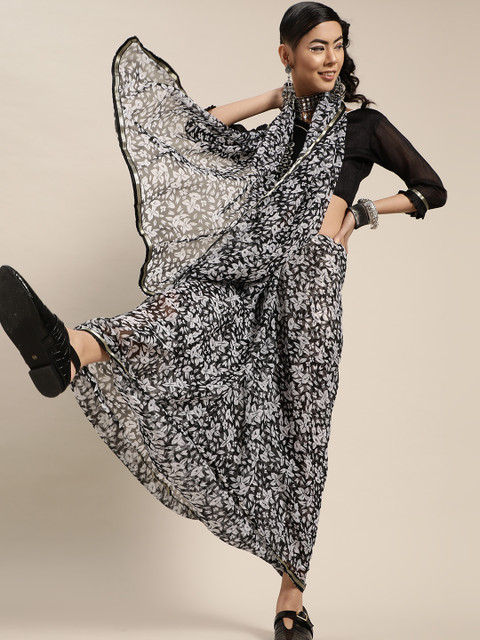 

KALINI Black and White Floral Print Saree with Sleek Border
