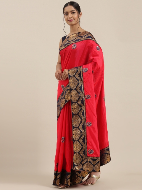 

Mitera Pink & Navy Blue Poly Silk Embroidered Kanjeevaram Saree