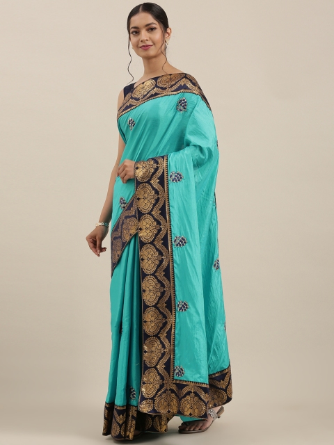 

Mitera Turquoise Blue & Gold-Toned Poly Silk Embroidered Saree