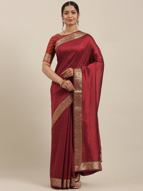 

Mitera Maroon & Gold-Toned Poly Silk Solid Banarasi Saree