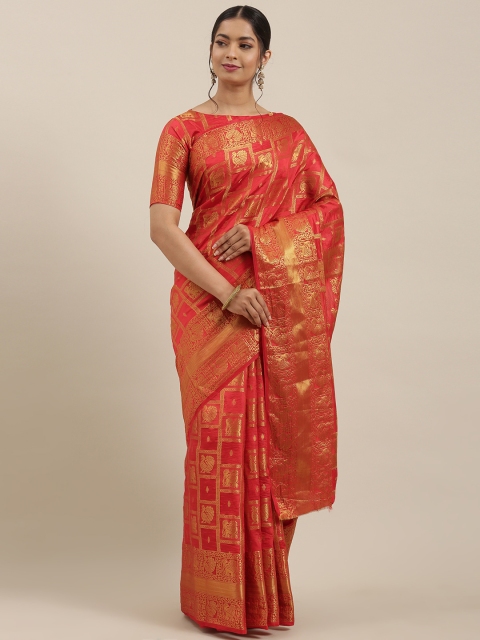 

Mitera Red & Gold-Toned Poly Silk Woven Design Banarasi Saree