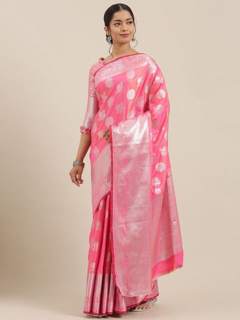 

Mitera Pink & Silver-Toned Poly Silk Woven Design Banarasi Saree