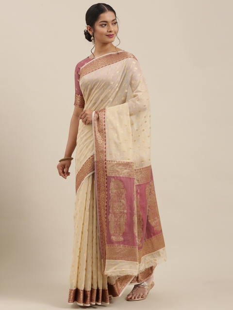 

Mitera Beige & Gold-Toned Silk Blend Woven Design Maheshwari Saree