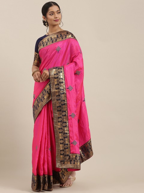 

Mitera Pink & Navy Blue Poly Silk Embroidered Kanjeevaram Saree