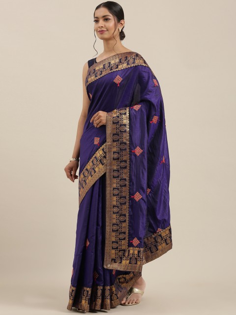 

Mitera Navy Blue & Pink Poly Silk Embroidered Kanjeevaram Saree