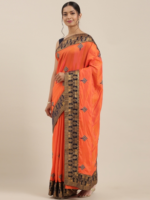 

Mitera Orange & Navy Blue Poly Silk Embroidered Kanjeevaram Saree