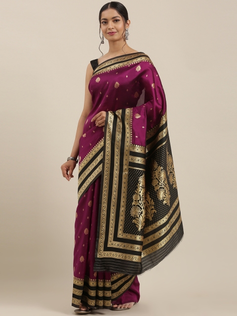 

Mitera Burgundy & Gold-Toned Poly Silk Woven Design Banarasi Saree