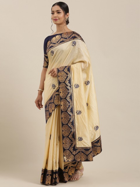 

Mitera Cream-Coloured & Golden Poly Silk Embroidered Kanjeevaram Saree