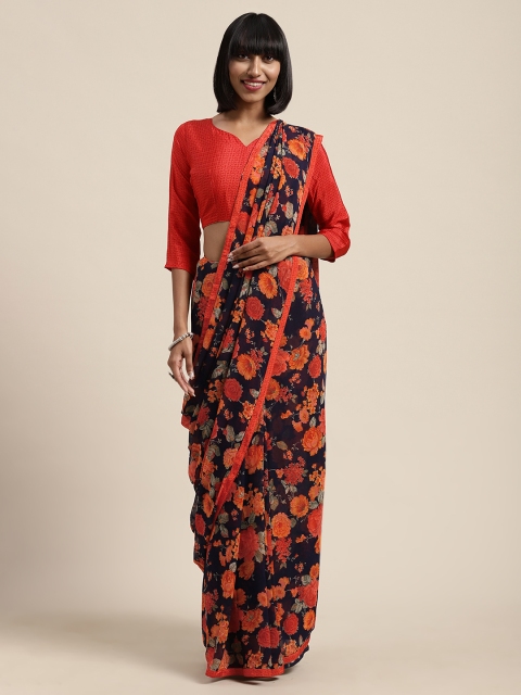 

Satrani Navy Blue & Orange Pure Georgette Floral Printed Saree