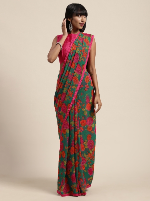 

Satrani Green & Pink Pure Georgette Floral Printed Saree