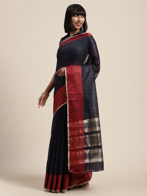 

Satrani Navy Blue & Red Cotton Blend Solid Saree