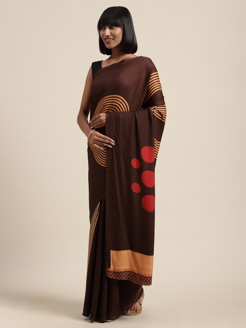 

Satrani Brown & Beige Satin Geometric Printed Saree