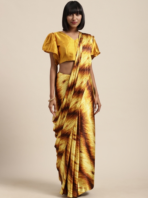 

Satrani Yellow & Brown Satin Printed Saree