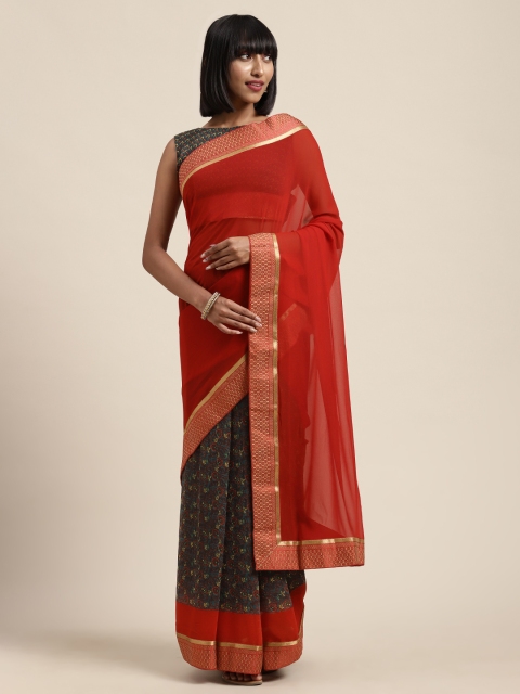 

Satrani Green & Red Pure Chiffon Floral Printed Saree