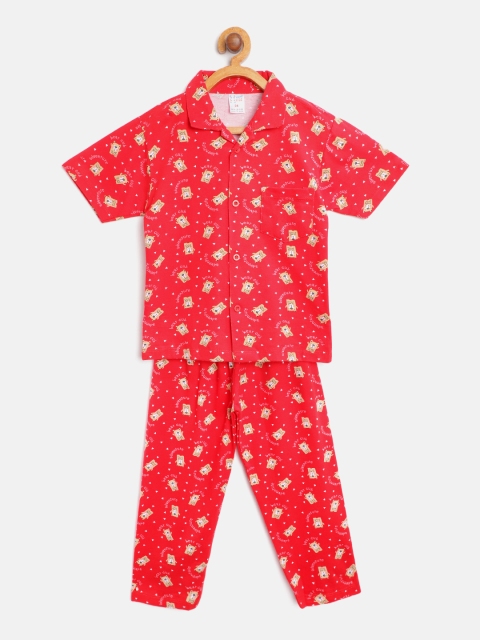 

NAUTI KIDZ Boys Red & Beige Conversational Print Pure Cotton Night Suit