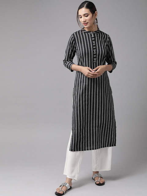 

Yufta Women Black & Off White Self-Striped Cotton Yarn Dyed Thread Work Straight Kurta